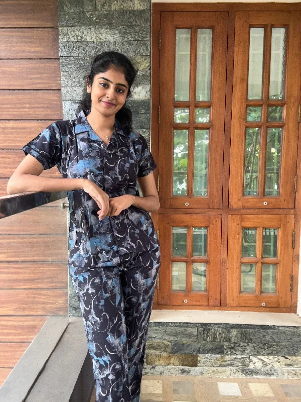 Sports Jumpsuit MANGAI Premium RAYON Printed Stylish Collar Night Suits | Stylish Print's All Over | Top & Bottom Set | Half Sleeve | Trendy Night Suits for Stylish Women's  (RCNS-CLR)