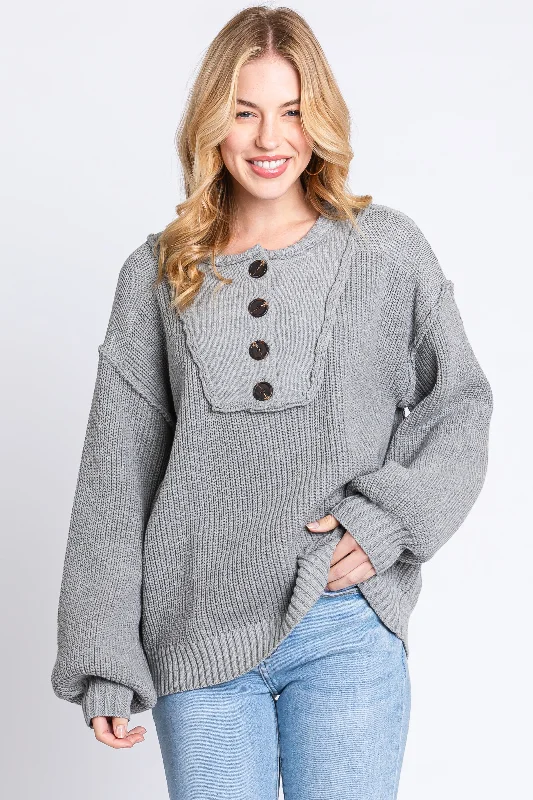 Sports High Waist Style Grey Front Button Knit Sweater