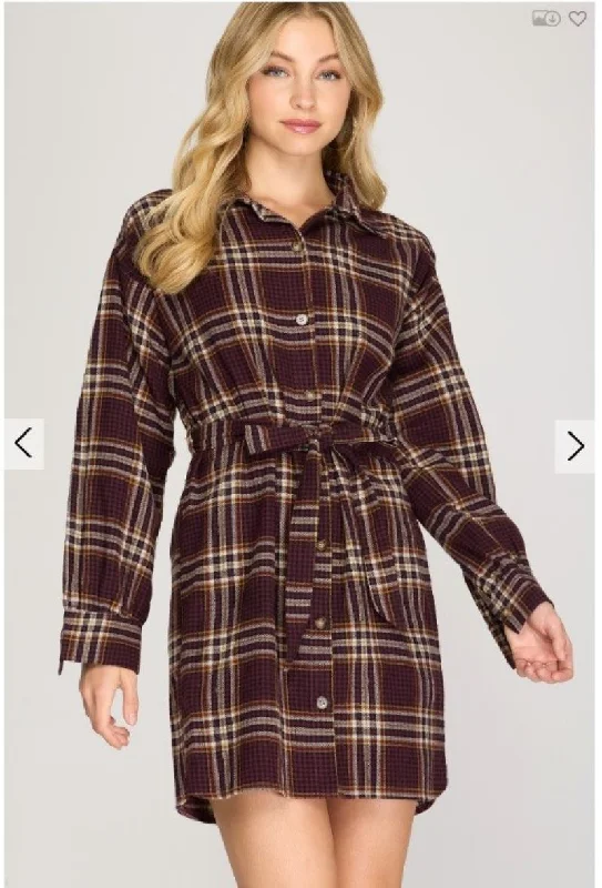 Classic Series PLUM PLAID LONG SLEEVES WAIST-TIE SHIRT MINI DRESS SS8447
