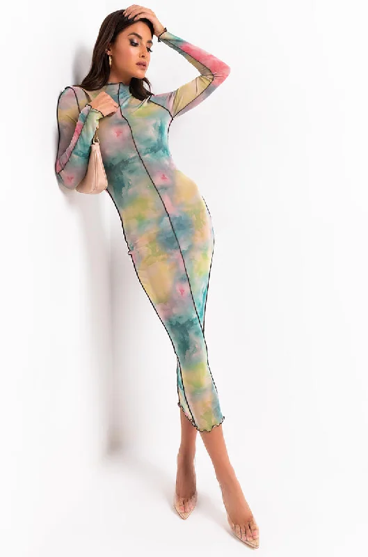 Design sense HEAD IN THE CLOUDS MESH MIDI DRESS GREEN MULTI