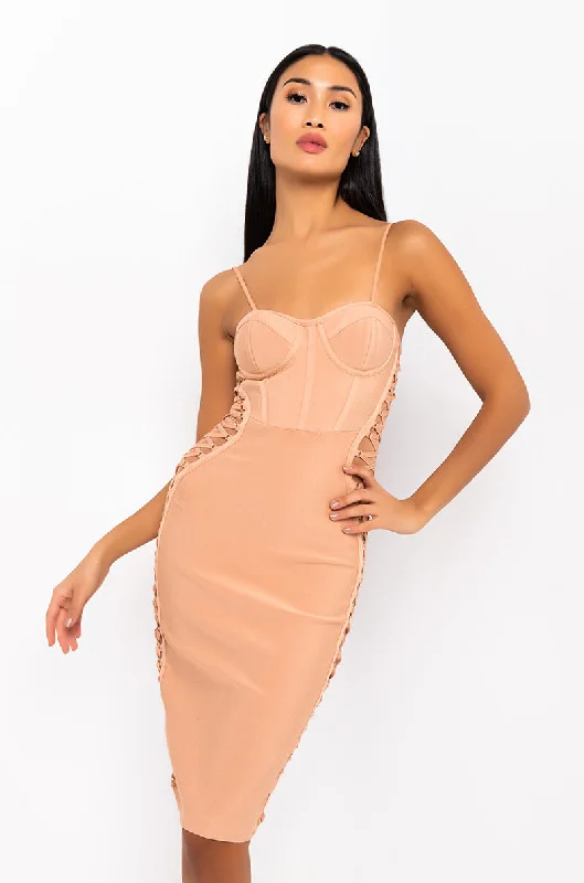 Street Style Suit DATE NIGHT BANDAGE MIDI DRESS NUDE