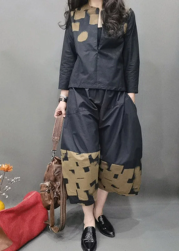 Amazing design Fashion Black O-Neck Zippered Cotton Top And wide leg pants Two Pieces Set Spring Amazing design Fashion Black O-Neck Zippered Cotton Top And wide leg pants Two Pieces Set Spring