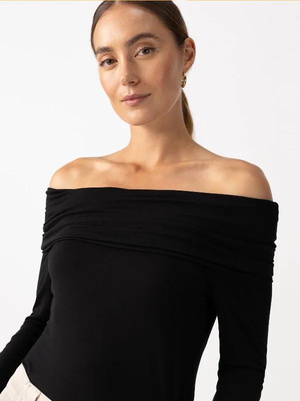 Stand-up collar design Off The Shoulder Top Black