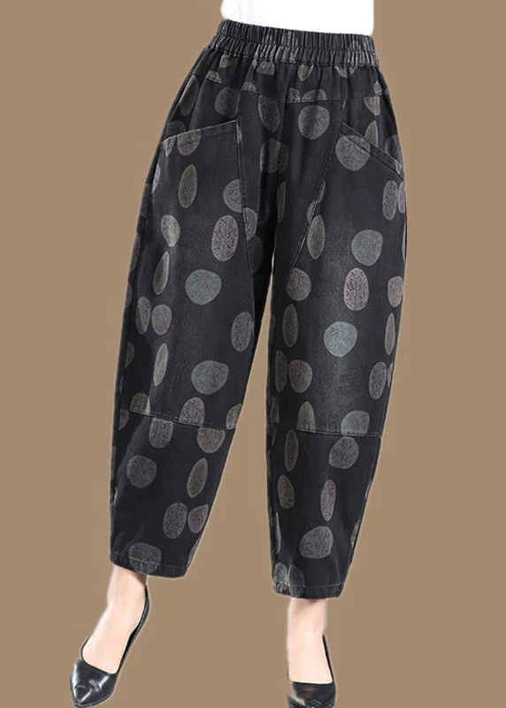 Stand-up collar design Plus Size Black Print Pockets Elastic Waist Lantern Denim Pants Fall