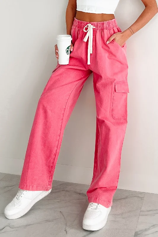 Ultra-lightweight Johnny Washed Drawstring Waist Cargo Pants (Pink)