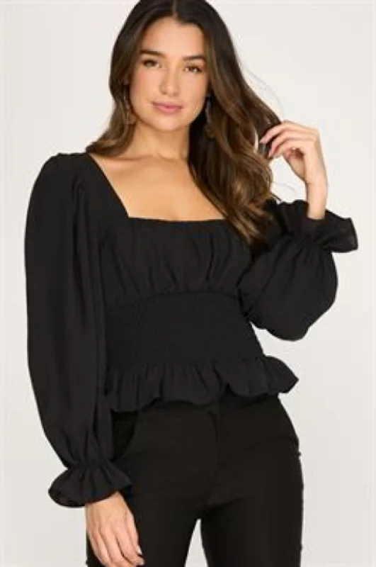 Sports Fitness Wear BLACK PUFF SLEEVES SMOCKED WAIST BACK DETAILED WOVEN TOP S8SS8588