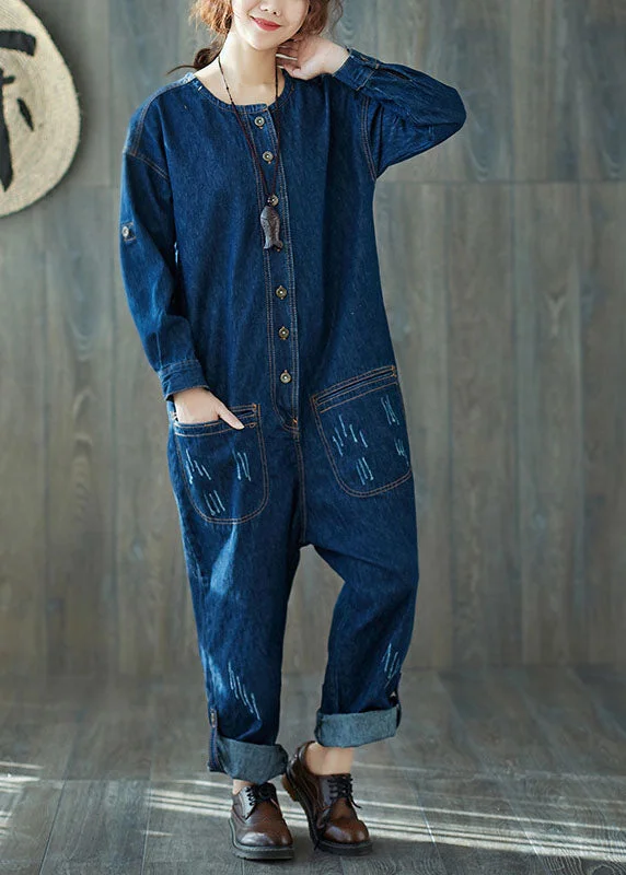 Fashionable sports Fashion dark Blue O-Neck pockets denim Jumpsuits Spring