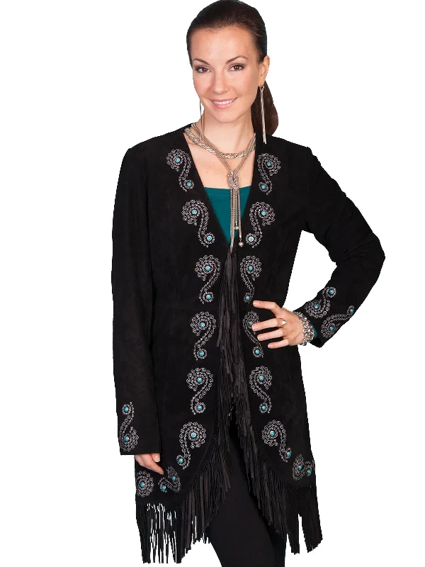 Literary Style Scully Leather Womens Fringe Silver Stitch Studded Boar Suede Jacket Black L