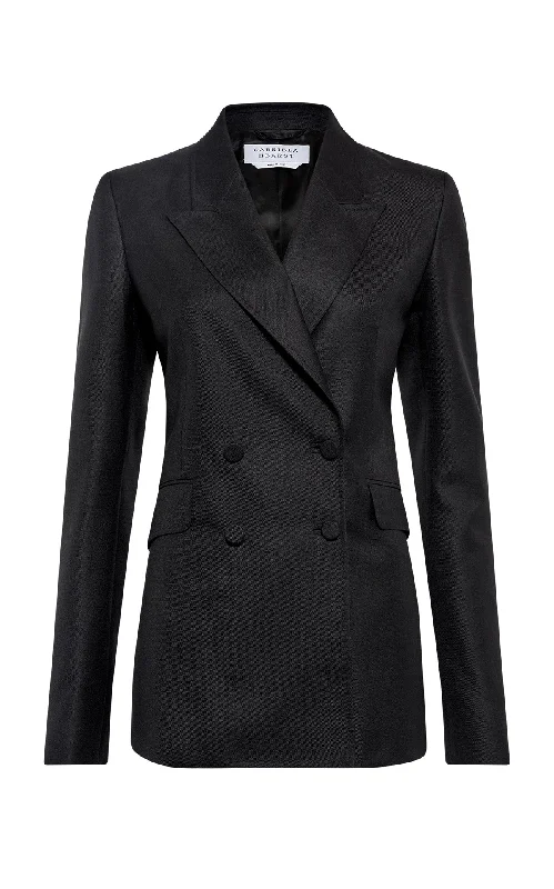Moisture wicking Angela Blazer in Black Virgin Wool Silk with Linen
