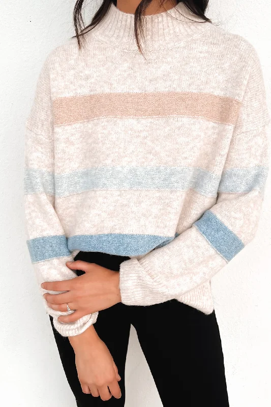 Single-shoulder Neck Design Emma Knit Jumper Beige Blue
