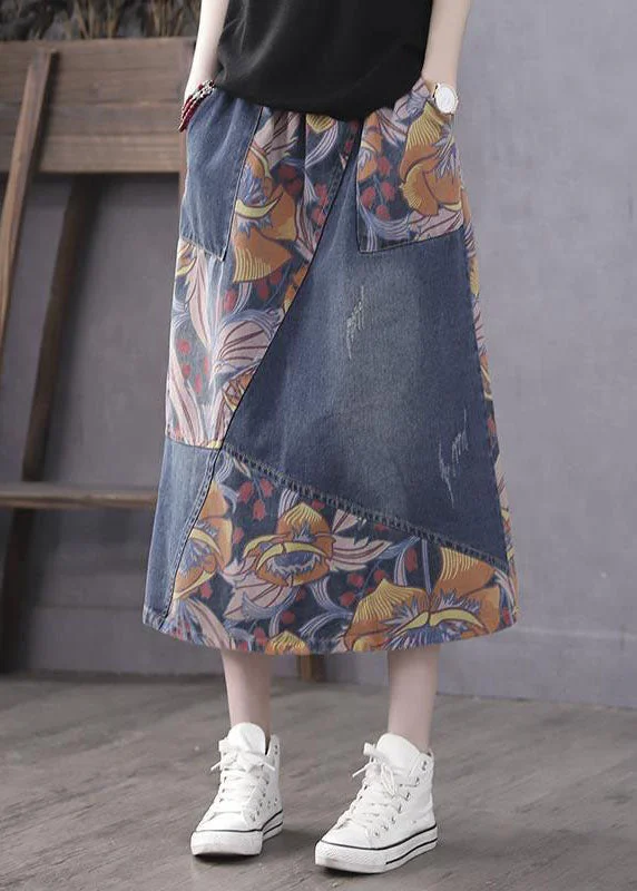 Design sense Casual Blue Pockets Print Patchwork Elastic Waist Denim Skirt Spring