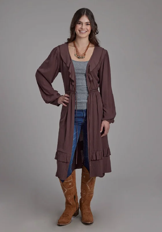 Windbreaker fashion Roper Womens Deep V Ruffles Brown 100% Rayon Cardigan Sweater