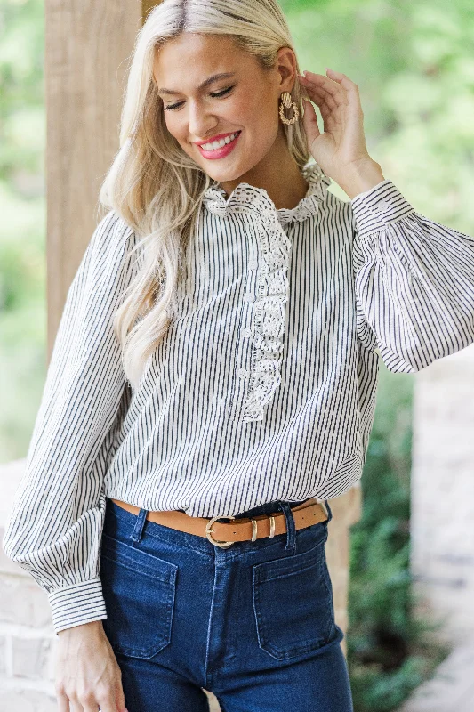 Exquisite workmanship Feeling Feminine Navy Blue Striped Blouse