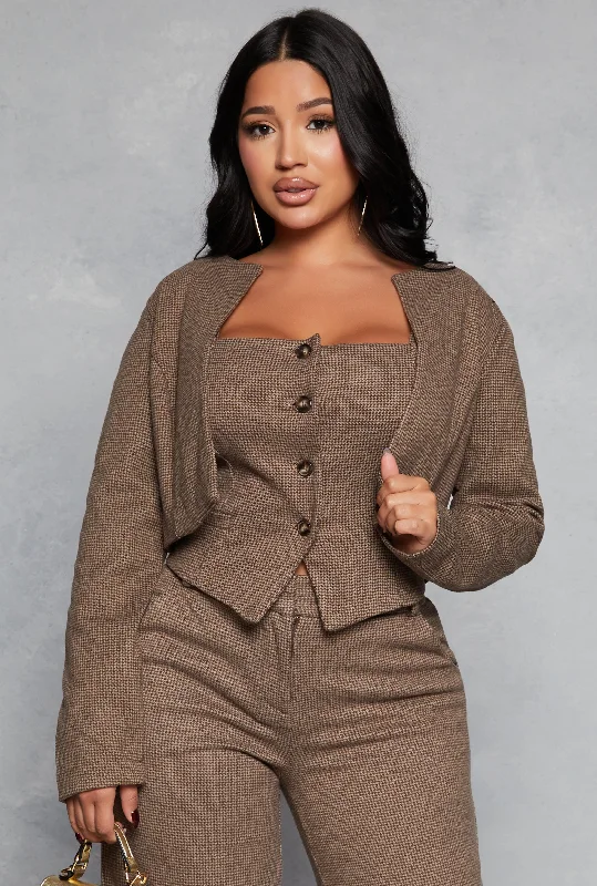 Single-shoulder Neck Design Iris Houndstooth Cropped Blazer