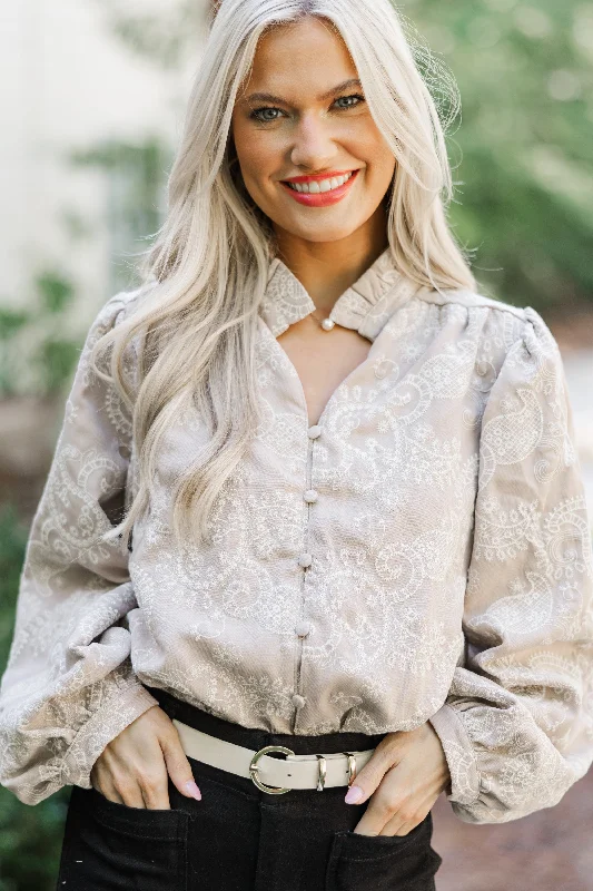 Amazing design In Your Feelings Taupe Embroidered Paisley Blouse