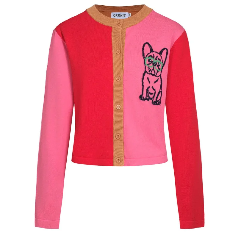 Short skirt design Women's red matching Bulldog cardigan sweater-Cropped Length