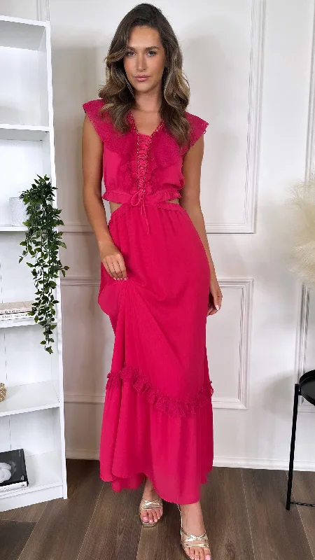 Literary Style Marietta Fuchsia Frill Detail Cut Out Midaxi Dress