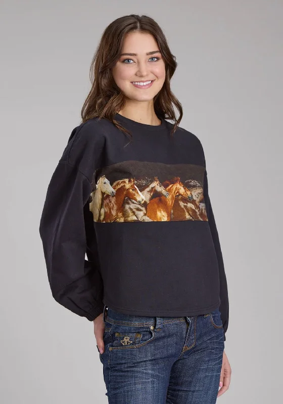 Retro Lace Fabric Roper Womens Running Horses Black 100% Cotton Sweatshirt
