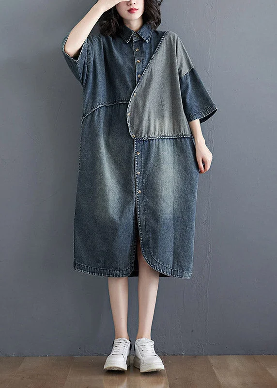 Alice style Retro Blue Peter Pan Collar Asymmetrical Patchwork Side Open Denim Dress Half Sleeve