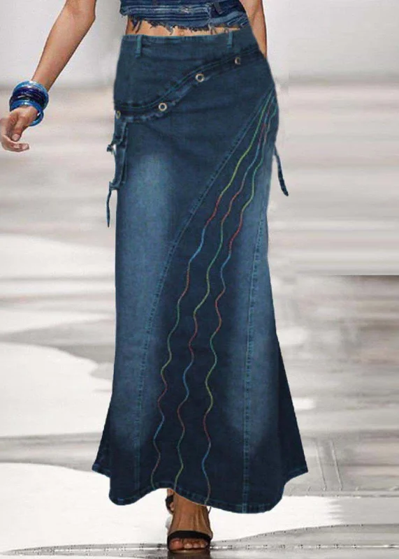 Sports Express Boho Blue Embroideried Patchwork Denim Skirts Summer