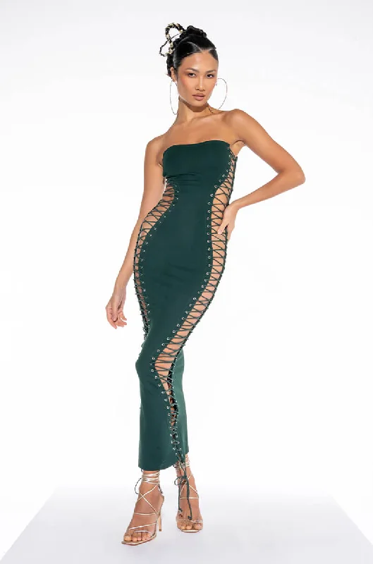 Nightclub Style NEVER BORING LACE UP MIDI DRESS GREEN