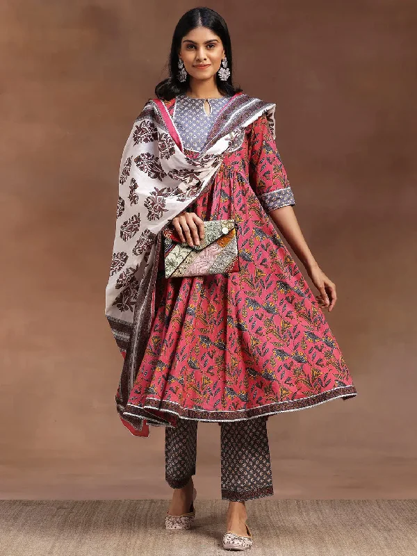 Ultra-lightweight Pink Printed Cotton Anarkali Suit With Dupatta