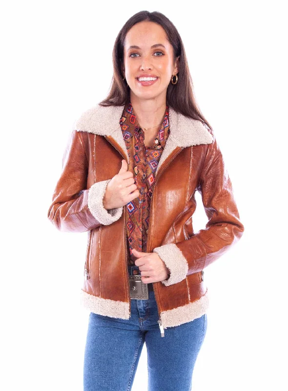 Elegant and noble Scully Womens Faux Fur Zip Front Cognac Leather Leather Jacket XXL