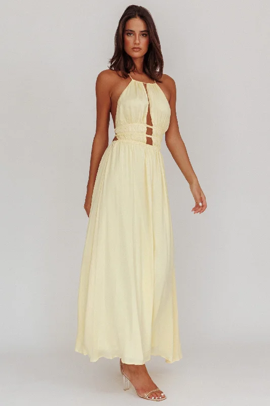 Cool Breeze At Night Cyndi Open Back Halterneck Maxi Dress Light Yellow