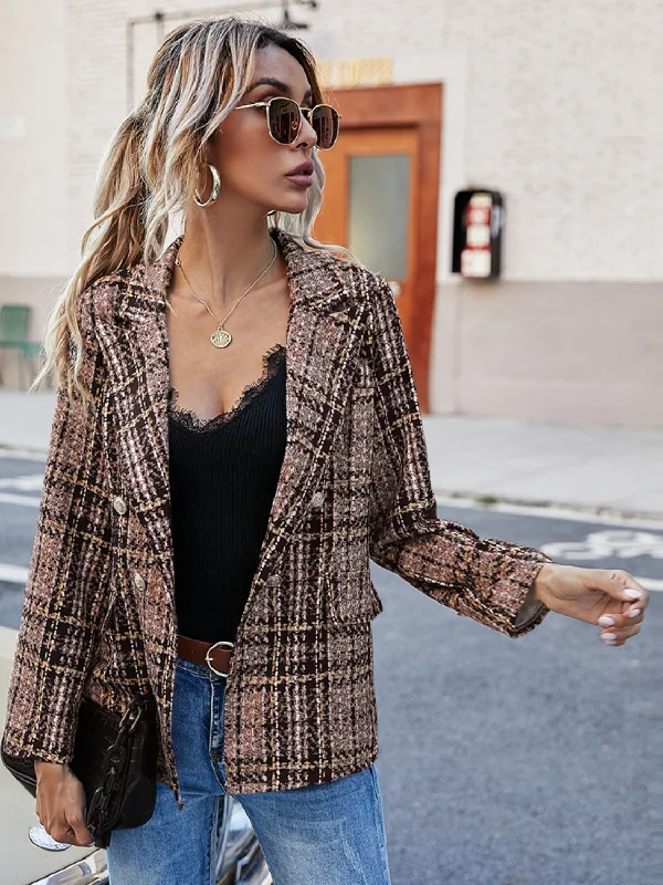 Fashionable and versatile Full Size Plaid Lapel Collar Blazer