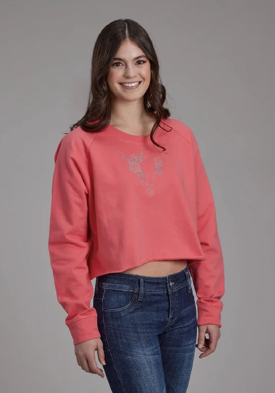 Sweet breath Roper Womens Fleece Longhorn Bright Corral 100% Cotton Sweatshirt