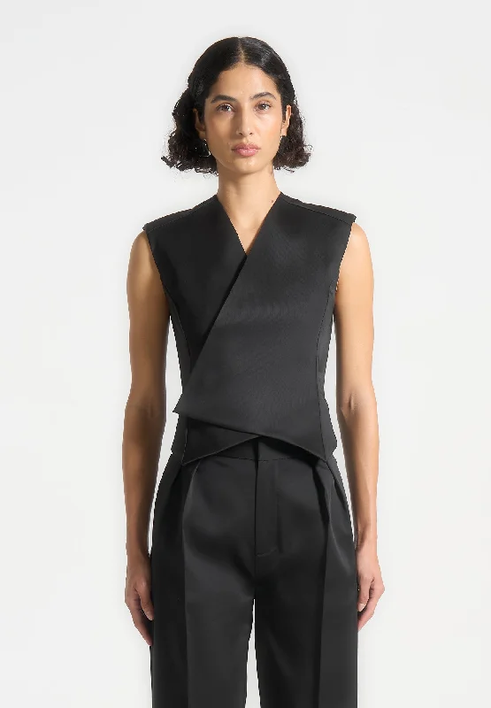 Sports Yoga Style Sateen Wrap Waistcoat - Black