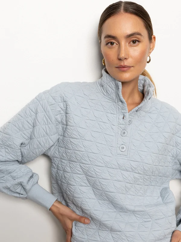 Sports Zipper Style Quilted Button Up Popover Top Pearl Blue