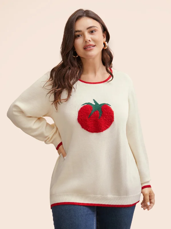 Sweet breath Tomato Pattern Embroidered Contrast Trim Pullover