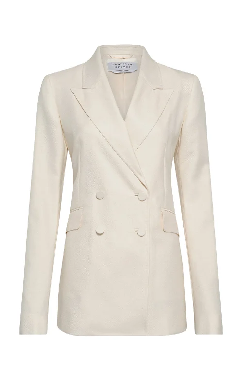 Printed pattern Angela Blazer in Ivory Virgin Wool Silk with Linen