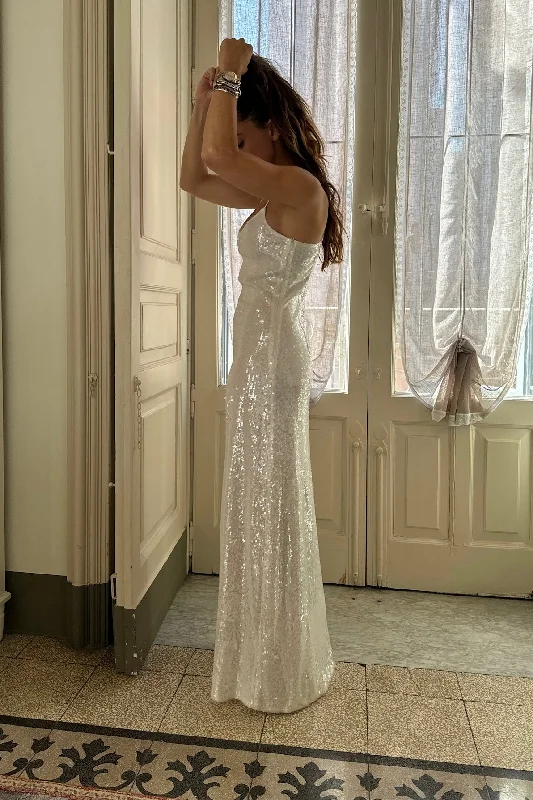 Street Graffiti Design Gardenia White Sequin Maxi Dress