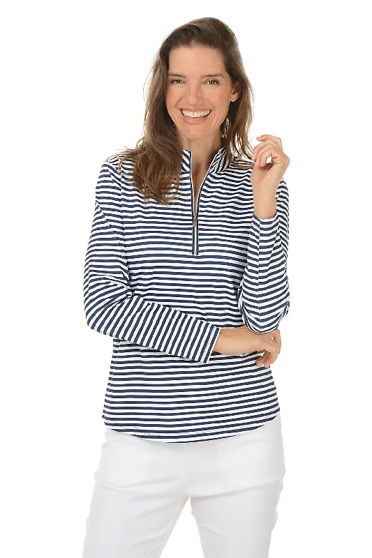 Avant-garde trend Navy Striped Mock Neck UPF50+ Top
