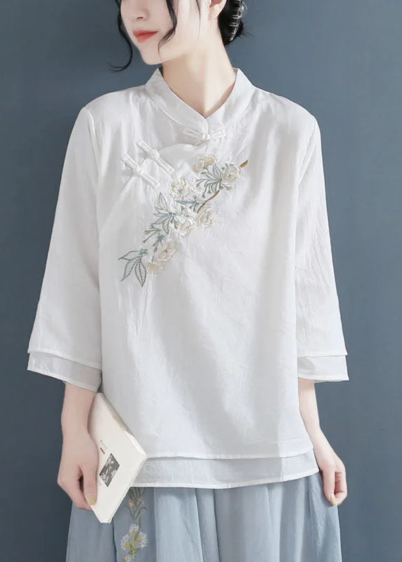 Boutique style Elegant White Mandarin Collar Cotton Fake Two Piece Shirts Three Quarter sleeve Boutique style Elegant White Mandarin Collar Cotton Fake Two Piece Shirts Three Quarter sleeve