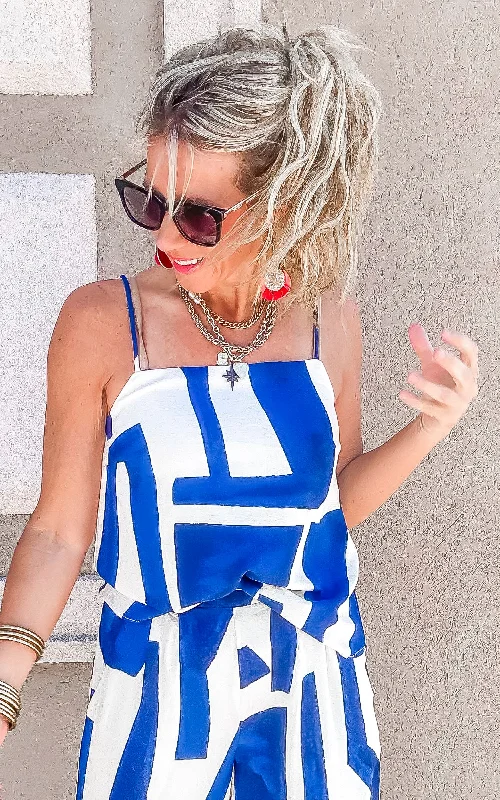 Literary Style Navy and White Geometric Getaway Top