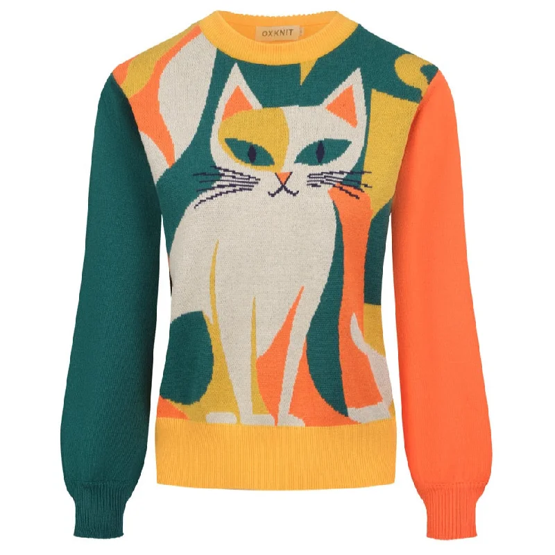 Trendy and versatile Women's multicoloured vintage cat knitwear-Cropped Length