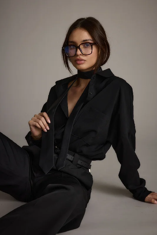Celebrity Style Gisele Black Poplin Button Down