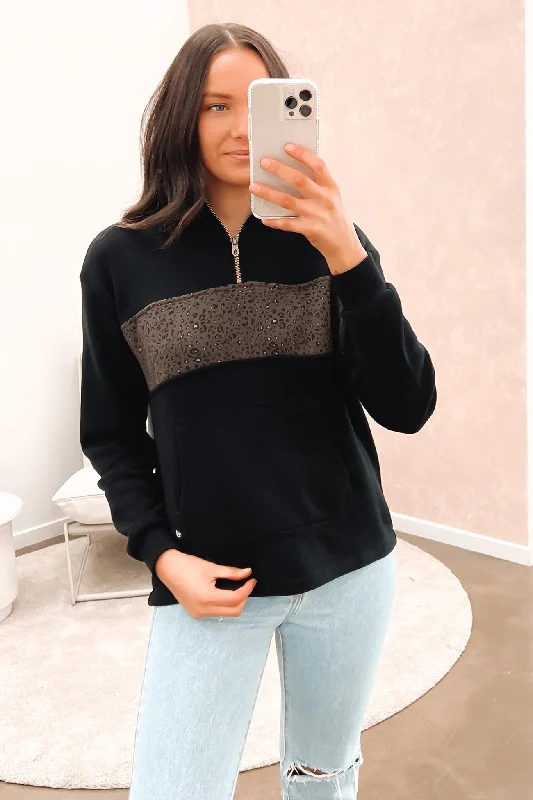 High waist design Stone Stacked Mock Neck Pullover Black Combo