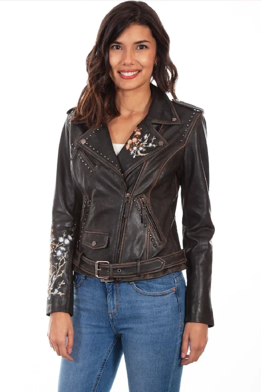 Customized Version Scully Womens Black Lamb Leather Motorcycle Studded Jacket M