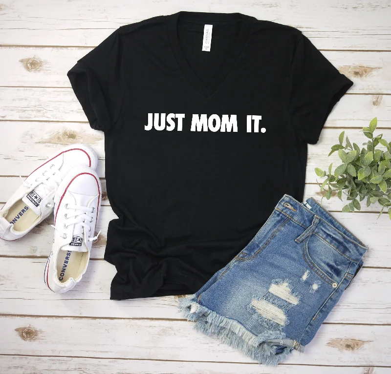 Sports Casual Style Just Mom It • Black V-Neck