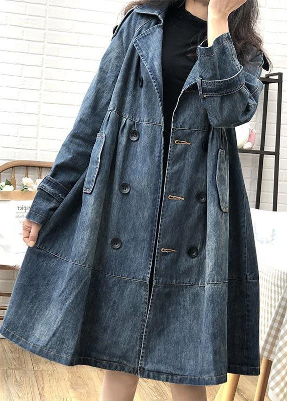 Comfortable and simple Art Blue Peter Pan Collar Pockets Button Fall Denim Trench Coats Coat