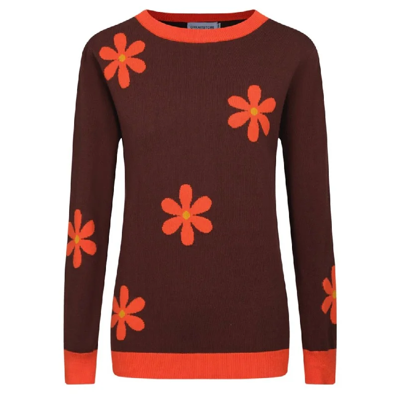 Sports Functional Style Women's brown floral jacquard vintage knit top