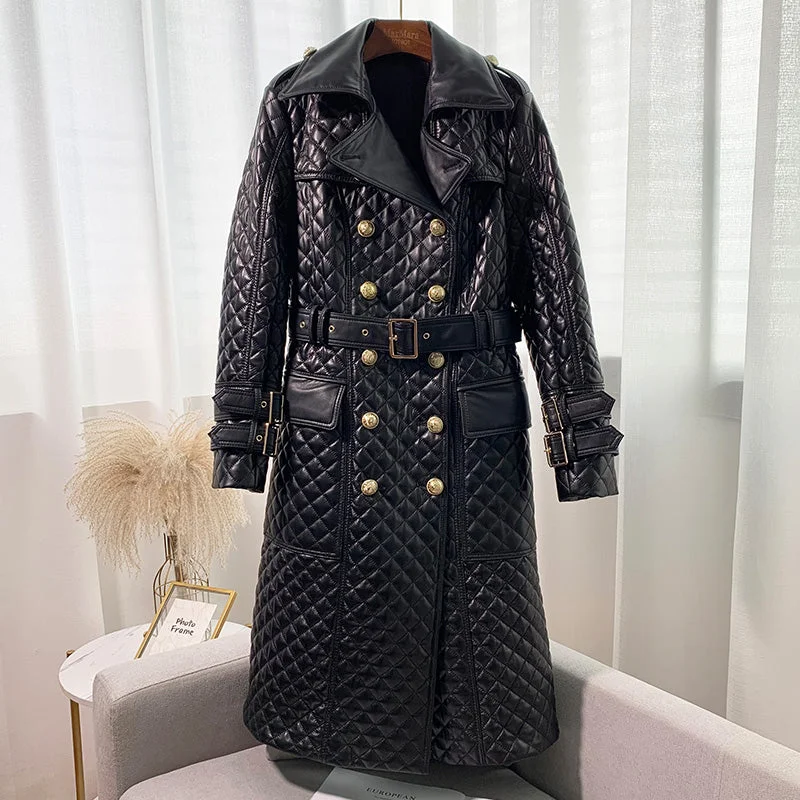 Sports High Waist Style Genuine Leather Jacket X-Long Trench