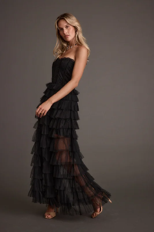 Fashionable and casual Esme Black Tulle Strapless Maxi Dress