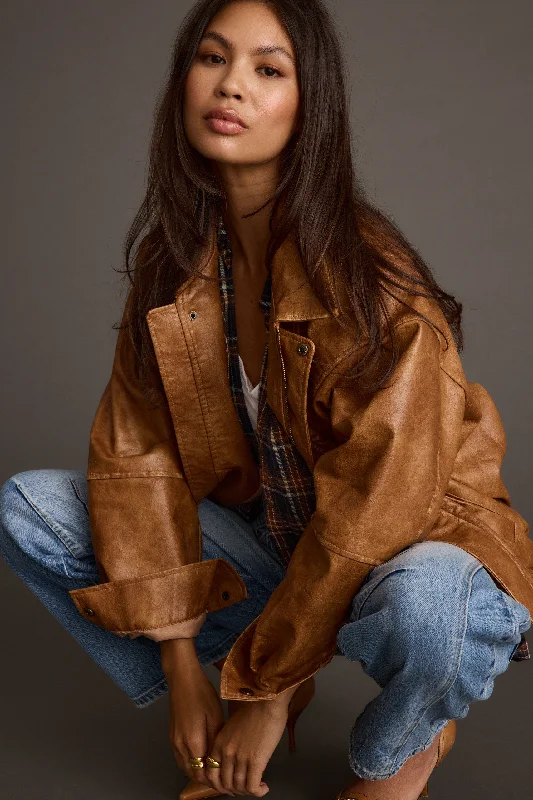 Sports Yoga Style London Calling Cognac Oversized Faux Leather Jacket
