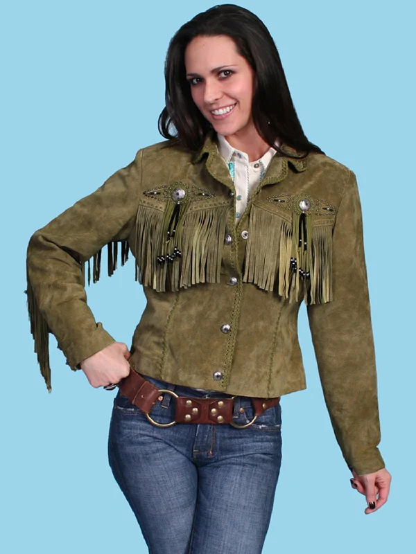 Single-shoulder Neck Design Scully Womens Fringe Beaded Olive Leather Leather Jacket M