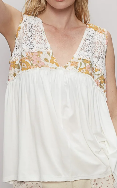Sports High Waist Style V-Neck Sleeveless Floral Lace Top | POL